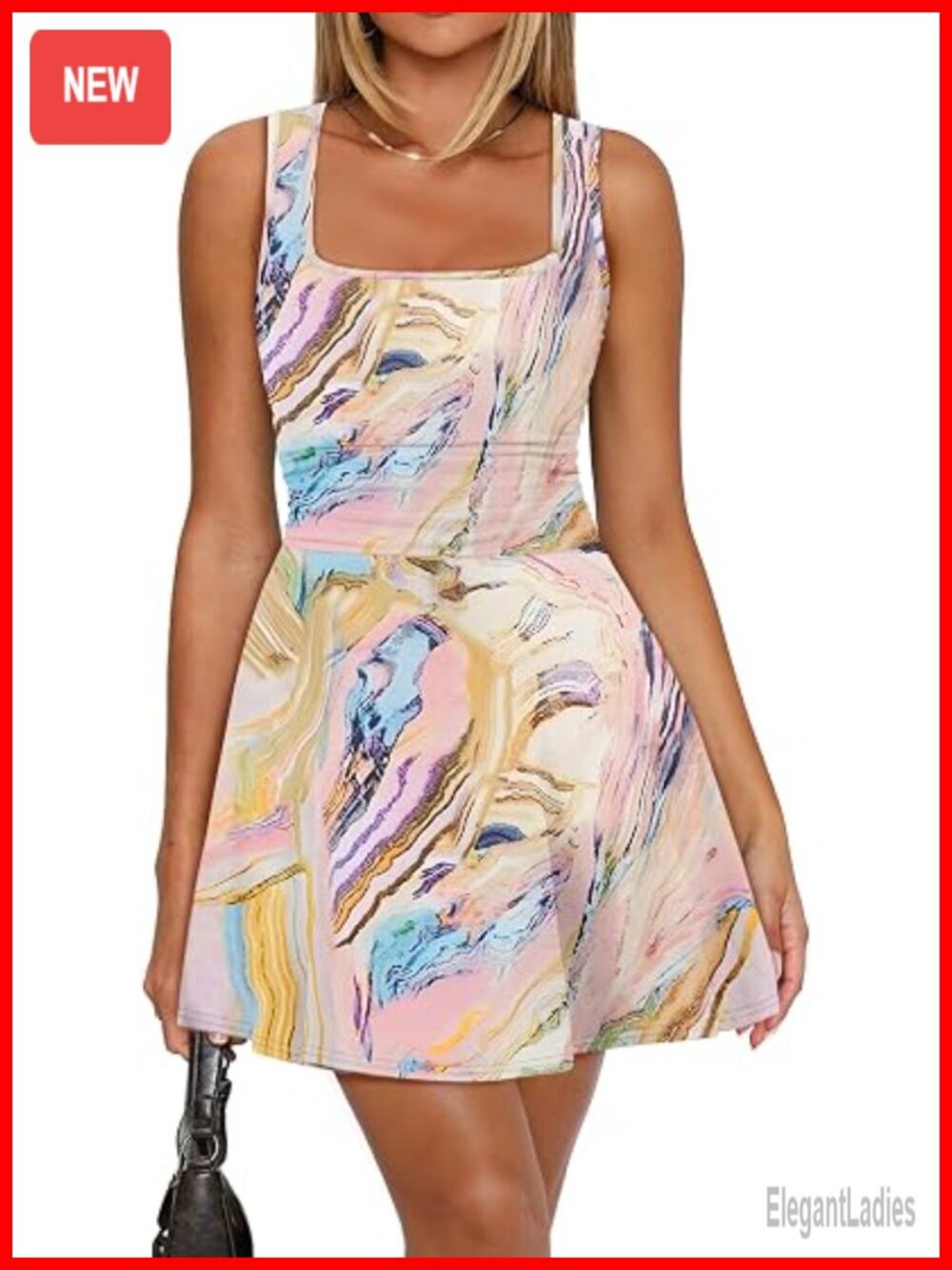 Square Neck Sleeveless Mini Dress Ruched Waist Pleated Fit & Flare
